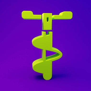 Mor-mavi arka planda izole edilmiş kış balıkçılık ikonu için yeşil elli buz matkabı. Minimalizm kavramı. 3 Boyutlu resimleme.