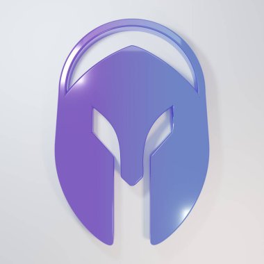 Gri arka planda izole edilmiş baş koruma ikonu için mor-mavi ortaçağ demir miğferi. Şövalye miğferi Minimalizm kavramı. 3 Boyutlu resimleme.