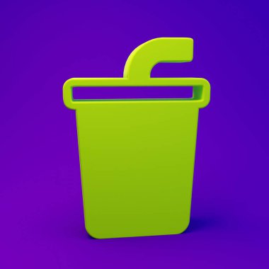 Mor-mavi arka planda izole edilmiş pipet ve su ikonu içen yeşil kağıt bardak. Soda bardağı. Taze soğuk içecek sembolü. Minimalizm kavramı. 3 Boyutlu resimleme.