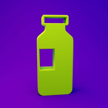 Mor-mavi arka planda izole edilmiş yeşil su ikonu şişesi. Soda su içme tabelası. Minimalizm kavramı. 3 Boyutlu resimleme.