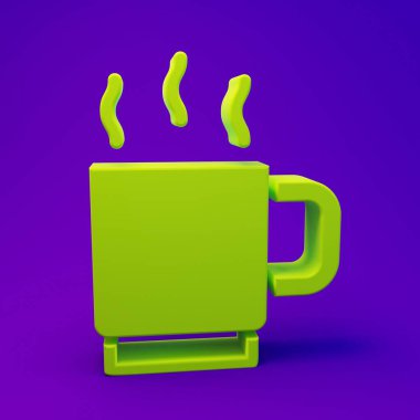 Mor-mavi arka planda izole edilmiş yeşil kahve fincanı ikonu. Çay fincanı. Sıcak içecek kahvesi. Minimalizm kavramı. 3 Boyutlu resimleme.
