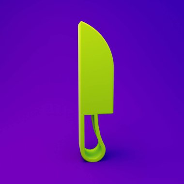 Yeşil Bıçak simgesi mor-mavi arkaplanda izole edildi. Çatal bıçak sembolü. Minimalizm kavramı. 3 Boyutlu resimleme.