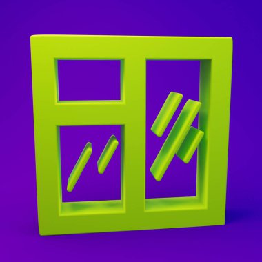 Mor-mavi arkaplanda yeşil pencere ikonu var. Minimalizm kavramı. 3 Boyutlu resimleme.