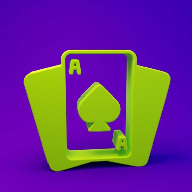 Mor-mavi arkaplanda yeşil kart simgesi izole edildi. Kumarhane kumarı. Minimalizm kavramı. 3 Boyutlu resimleme.