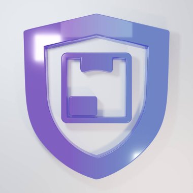 Mor-mavi teslimat güvenliği. Gri arka planda kalkan ikonu var. Teslimat sigortası. Kalkanın ötesinde sigorta kutuları var. Minimalizm kavramı. 3 Boyutlu resimleme.