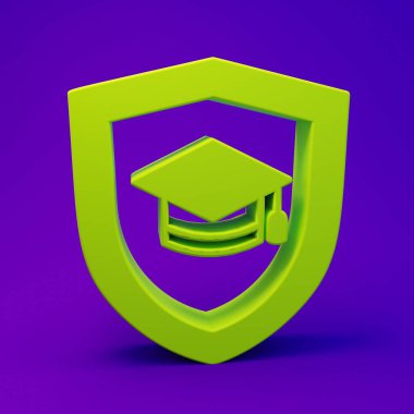 Mor-mavi arka planda izole edilmiş kalkan simgesi olan yeşil mezuniyet şapkası. Sigorta konsepti. Güvenlik, güvenlik, koruma, konsept koruma. Minimalizm kavramı. 3 Boyutlu resimleme.
