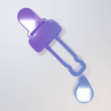 Mor-mavi Pipette, gri arkaplanda yağ ikonu var. Organik aromaterapi özü. Cilt bakımı serumu cam bırakma paketi. Minimalizm kavramı. 3 Boyutlu resimleme.