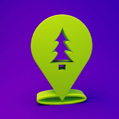 Mor-mavi arkaplanda izole edilmiş bir harita simgesi üzerinde ormanın yeşil konumu. Minimalizm kavramı. 3 Boyutlu resimleme.