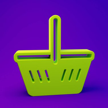 Mor-mavi arkaplanda yeşil alışveriş sepeti simgesi izole edildi. İnternetten satın alma konsepti. Servis tabelası. Alışveriş arabası sembolü. Minimalizm kavramı. 3 Boyutlu resimleme.