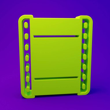 Mor-mavi arkaplanda Green Play Video simgesi izole edildi. Film şeridi tabelası. Minimalizm kavramı. 3 Boyutlu resimleme.