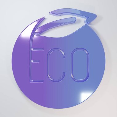 Mor-mavi bayrak, etiket, etiket, eko yeşil sağlıklı yiyecek simgesi için logo gri arka planda izole edilmiş. Organik ürün. Sağlıklı yemek etiketi. Minimalizm kavramı. 3 Boyutlu resimleme.