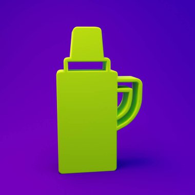 Mor-mavi arkaplanda yeşil termos konteynır simgesi izole edildi. Termo matara ikonu. Kamp ve yürüyüş ekipmanları. Minimalizm kavramı. 3 Boyutlu resimleme.