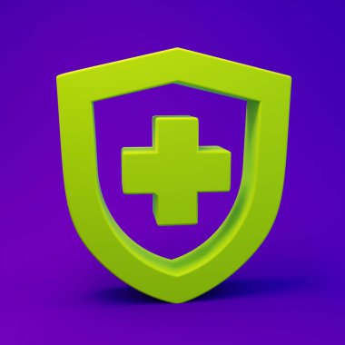 Yeşil Hayat Sigortası, mor-mavi arka planda izole edilmiş bir kalkan ikonu. Güvenlik, güvenlik, koruma, konsept koruma. Minimalizm kavramı. 3 Boyutlu resimleme.