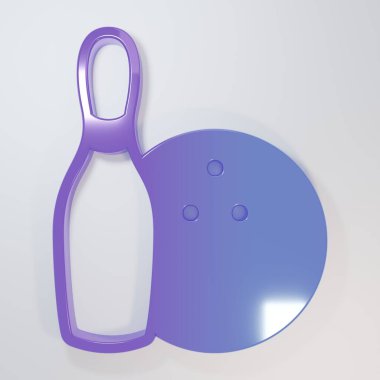 Mor-mavi bovling lobut ve top ikonu gri arka planda izole edildi. Spor malzemeleri. Minimalizm kavramı. 3 Boyutlu resimleme.