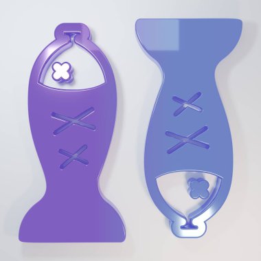 Gri arka planda izole edilmiş bir tabak ikonunda mor-mavi servis edilmiş balık. Minimalizm kavramı. 3 Boyutlu resimleme.