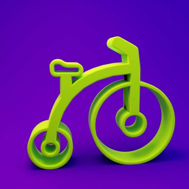 Mor-mavi arka planda büyük bir tekerlek ve küçük bir ikon izole edilmiş yeşil Vintage bisiklet. Bisikletle toplu taşıma levhası. Minimalizm kavramı. 3 Boyutlu resimleme.