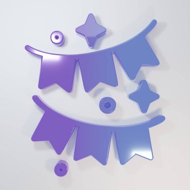 Mor-mavi karnaval çelengi. Gri arkaplanda bayrak simgesi var. Doğum günü kutlaması, festival ve güzel dekorasyon için parti flamaları. Minimalizm kavramı. 3 Boyutlu resimleme.