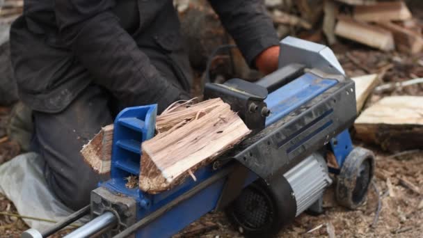 Hydraulic Wood Splitter Splits Wormwood Firewood Production Preparation Winter — Stock Video