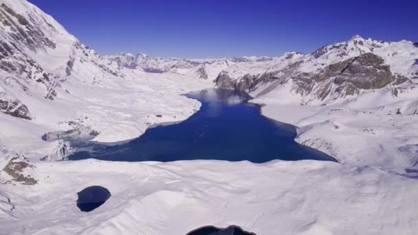 Aerial View Tilicho Lake Khangsar Nepal Himalayan Mountains Snow Surrounding — Video Stock