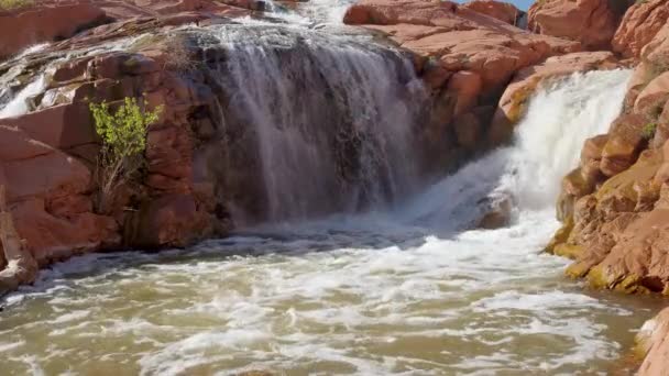 高い春の流出の間のユタ州のガンロック州立公園の砂漠の滝 — ストック動画