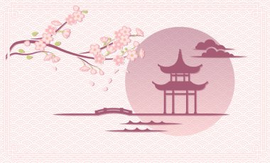 Kiraz çiçeği ve Japon deseni, yükselen güneşin arka planına karşı suyun üzerindeki çardak, pastel vektör çizimi. Kartpostal Kağıt kesim stili. Vektör illüstrasyonu
