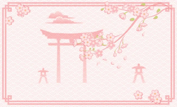 Цветение Вишни Японский Узор Пастельные Векторные Иллюстрации Ворота Тори Каменный — стоковый вектор