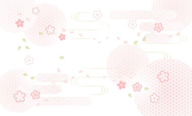 Tarzlanmış illüstrasyon arka planı. Kiraz çiçeği, bulut ve Japon deseni, pastel vektör çizimi. Kartpostal - Evet. Vektör illüstrasyonu