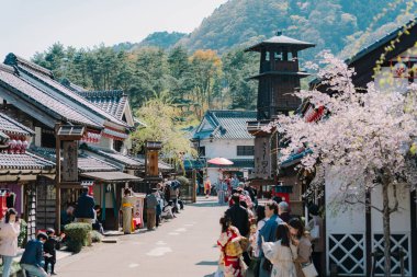 NIKKO, JAPONYA - 10 Nisan 2023: Edo Harikalar Diyarı 'nda geleneksel Japon kostümleri giymiş aktörler geçidi