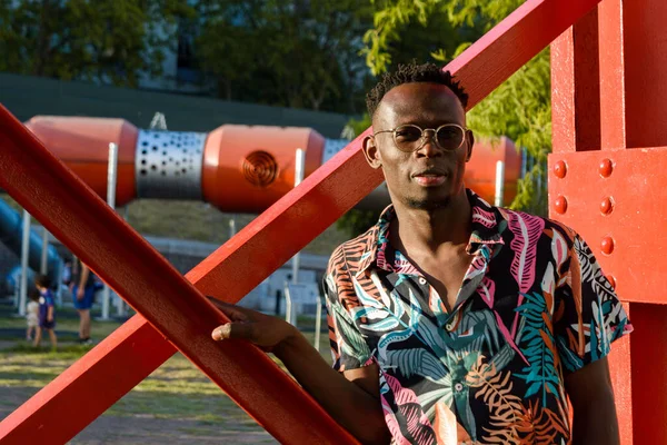 stock image portrait of young african man in trendy summer clothes, standing in a public park, posing looking at the camera, wearing sunglasses and short hair, copy space.