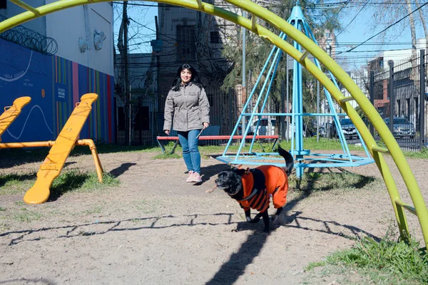 young black haired venezuelan latina woman, wearing jacket and jean pants, chasing her dog in park to grab her, playing with her pet on sunny day on weekend