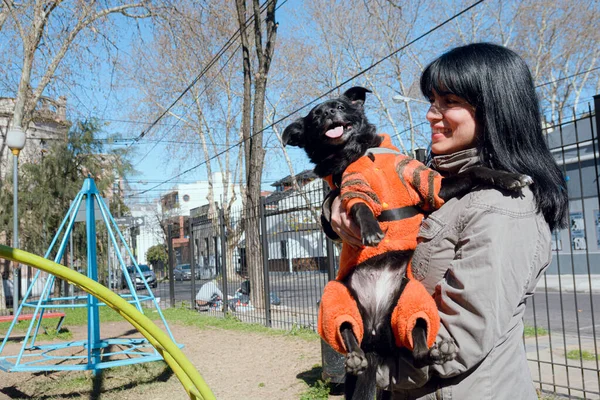 portrait of venezuelan latin young woman, black hair and winter clothes, happy smiling standing in park carrying her dog in her arms on sunny day, lifestyle and pet concept, copy space