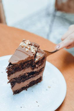 Beyaz porselen tabakta servis edilen beyaz porselen pasta dilimiyle kesilen beyaz beyaz beyaz beyaz beyaz beyaz kadının el resmi, sosyal medya için hamur işi kavramı, kopyalama alanı