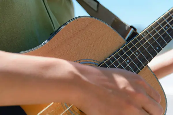 Closeup Young Caucasian Man Playing Acoustic Guitar Street Noon Copy — Stock Photo, Image