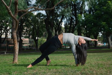 Parkta sıska bir kadın, daha sağlıklı bir yaşam için yoga yapıyor. Bir eli üzerinde duruyor. Boşluğu kopyala.