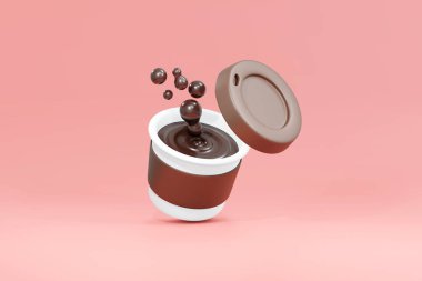 3D yorumlama konsepti, pembe arka planda sıcak kahve. 3 boyutlu resimleme. En düşük çizgi film biçimi.