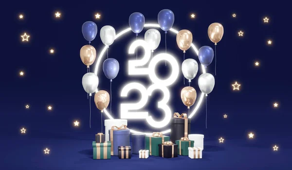Rendering Van 2023 Nummer Gelukkig Nieuwjaar Met Cadeau Achtergrond Banner — Stockfoto