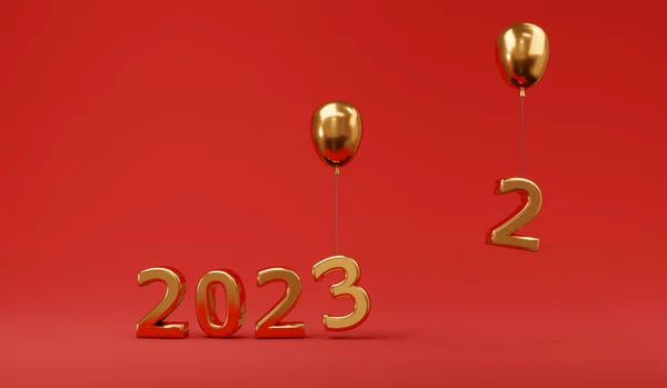 Renderização 2023 Número Feliz Ano Novo Ouro Sobre Fundo Vermelho — Fotografia de Stock