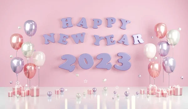 2023年の3Dレンダリング数を背景にパステルをテーマにギフトや風船で幸せな新年 3Dレンダリングイラスト — ストック写真