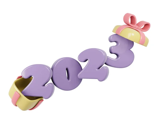 2023年番号で開かれた3Dレンダリング新年のギフトボックス 3Dレンダリングイラスト — ストック写真