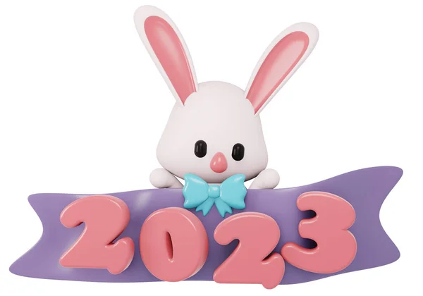 Render Año Nuevo 2023 Número Con Conejo Lindo Estilo Dibujos — Foto de Stock