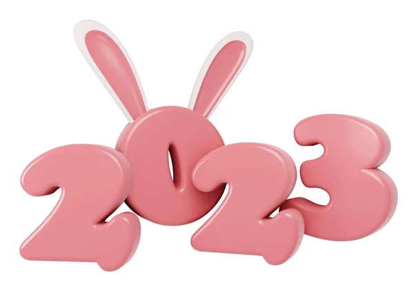 3Dレンダリング白に隔離されたかわいいウサギの黄道帯の漫画スタイルで新年2023番号 3Dレンダリングイラスト — ストック写真