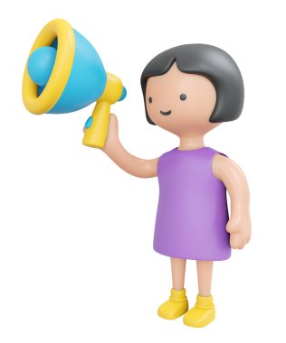 3D Rendering happy girl holding megaphone isolated on white cartoon style. 3D Render illustration.