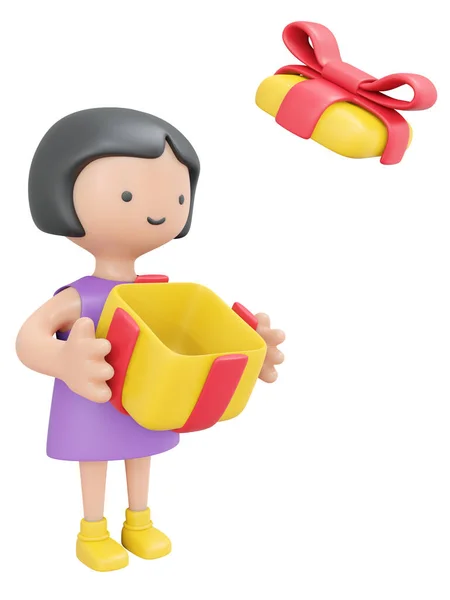 Rendering Happy Girl Holding Gift Box Open Isolated White Cartoon — Stockfoto
