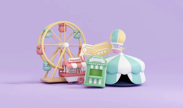 以游乐园娱乐的商业设计概念为背景 展示公平节日标志摩天轮 售票亭 食品卡车 马戏团帐篷的3D图像 — 图库照片