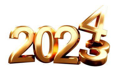 Altın sayının 2023 'ten 2024' e kadar değişen 3 boyutlu yorumlanması yeni yıl beyaz zemin kavramına göre izole edilmiş. 3B illüstrasyon.