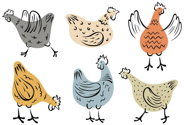 Σετ Από Χειροποίητες Κότες Εικονογράφηση Φορέα Κοτόπουλο Πολύχρωμα Απομονωμένα Κατοικίδια — Διανυσματικό Αρχείο