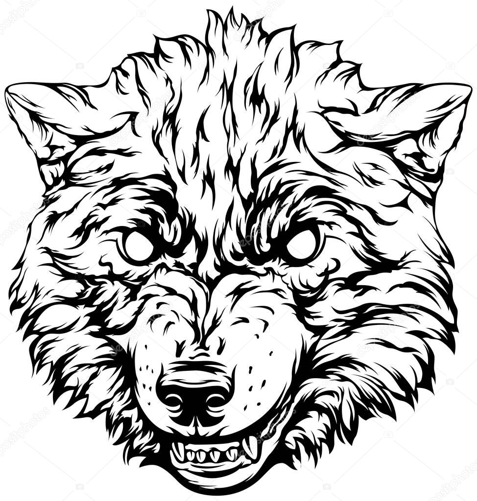 Dog vector isolated illustration. Black color on white image of wolf hand drawn face.
