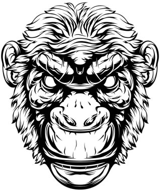 Siyah beyaz çizilmiş maymun yüzü. Vektör illüstrasyon maskot sanatı.