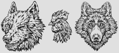 Horoz başı, köpek, kurt. Soyut karakter çizimi. Amblem için grafik logo şablonu dizayn eder. Portre resmi.