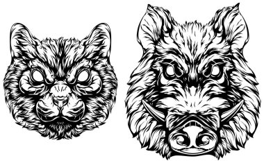 Black and white hand drawn face of cat and pig. Vector illustration mascot art.